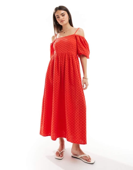 Selected Femme – Röd broderad maxiklänning - Image 1