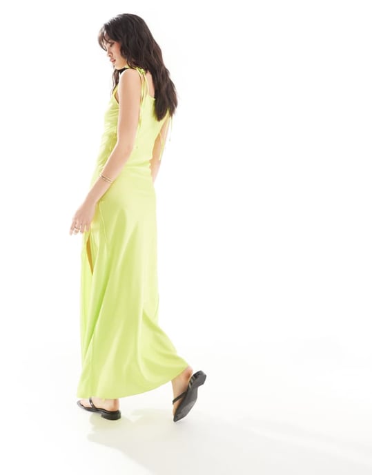 Vero Moda satinband axel maxi slipklänning med sömdetaljer i lime - Image 3