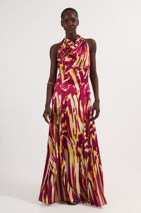 Viscose Satin Border Print Halter Neck Woven Maxi Dress - Image 1