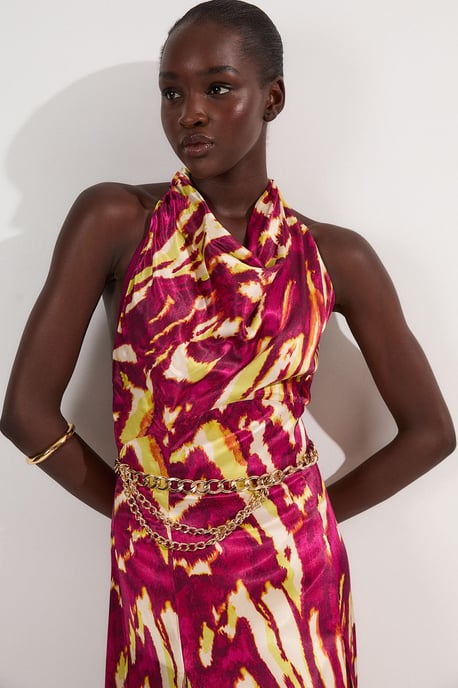 Viscose Satin Border Print Halter Neck Woven Maxi Dress - Image 2