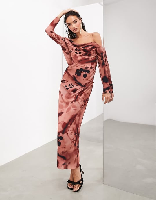 ASOS EDITION – Rosa blommig draperad bardot-klänning med långa ärmar - Image 3