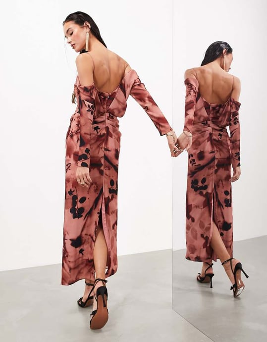 ASOS EDITION – Rosa blommig draperad bardot-klänning med långa ärmar - Image 4