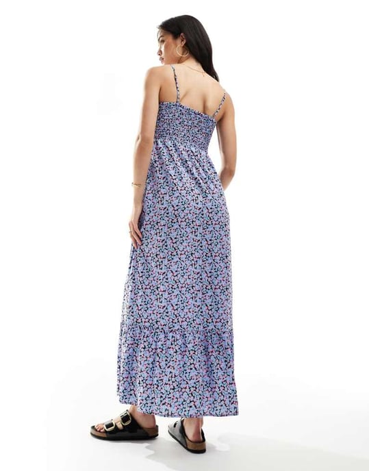 Vero Moda – Blå blommig maxiklänning med smock och byst - Image 3