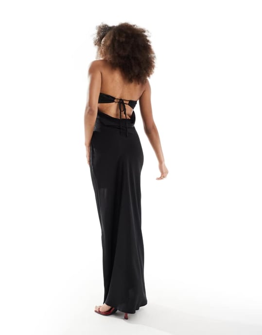ASOS DESIGN satin bandeau bias maxi dress with tie back in black - Image 4