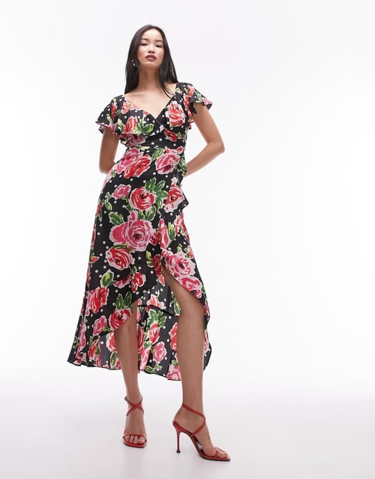 Topshop – Röd rosmönstrad maxiklänning med volang - Image 2