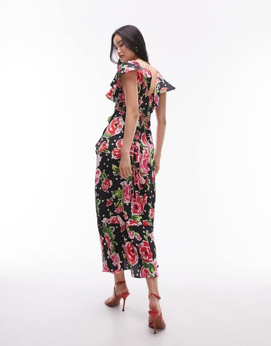 Topshop – Röd rosmönstrad maxiklänning med volang - Image 3