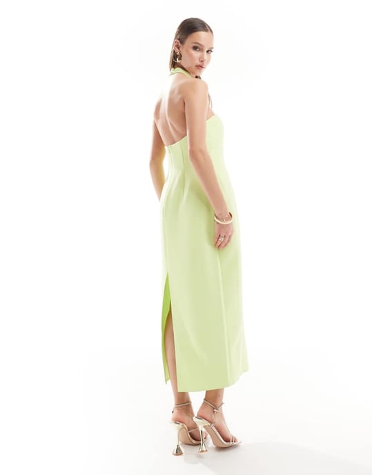 ASOS DESIGN – Limefärgad asymmetrisk midiklänning med utskurna detaljer och metalldetaljer - Image 4