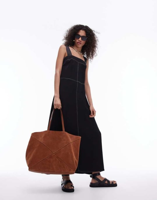 Topshop – Premium – Svart midiklänning i satin med kontrasterande sömmar och twill - Image 1