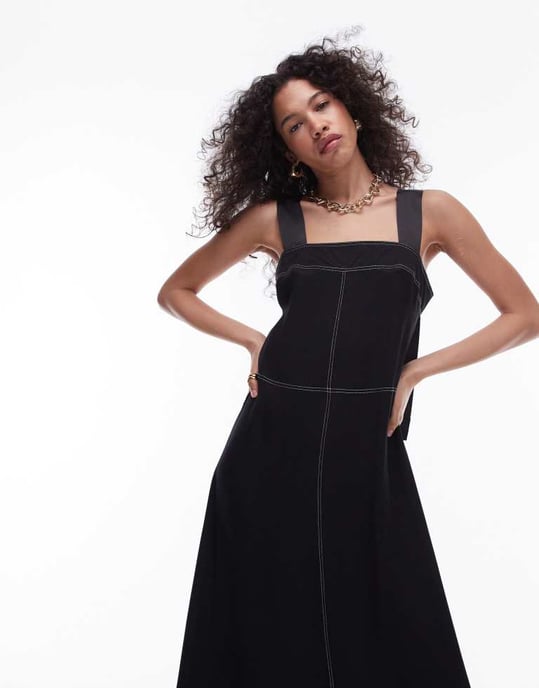 Topshop – Premium – Svart midiklänning i satin med kontrasterande sömmar och twill - Image 3
