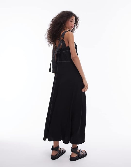 Topshop – Premium – Svart midiklänning i satin med kontrasterande sömmar och twill - Image 4