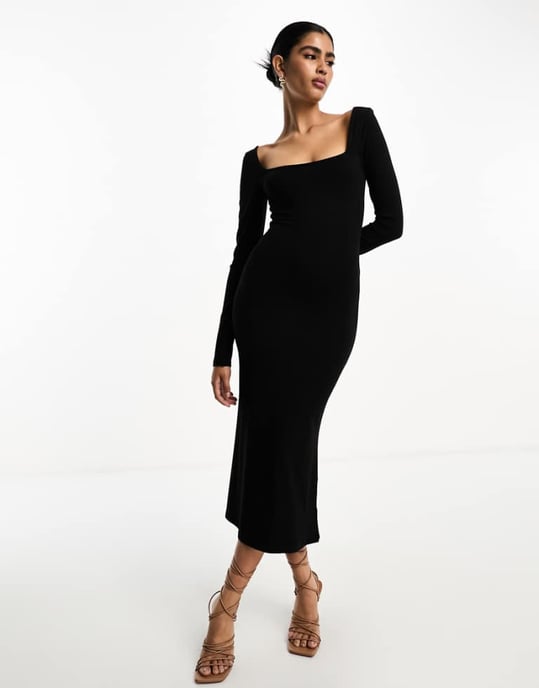 ASOS DESIGN square neck softline long sleeve midi dress in black - Image 1