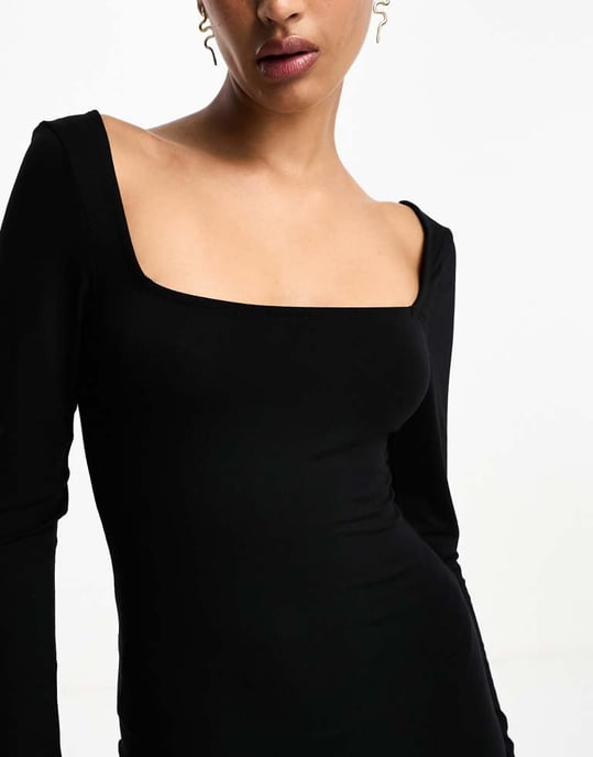 ASOS DESIGN square neck softline long sleeve midi dress in black - Image 2