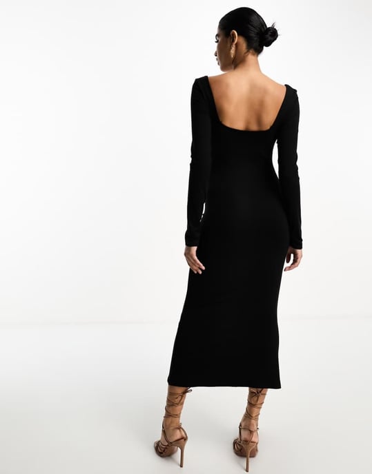 ASOS DESIGN square neck softline long sleeve midi dress in black - Image 3