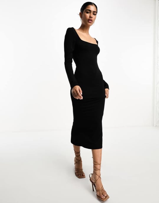 ASOS DESIGN square neck softline long sleeve midi dress in black - Image 4