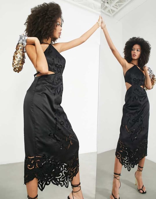 ASOS EDITION – Svart midiklänning i satin med utskuret mönster - Image 1