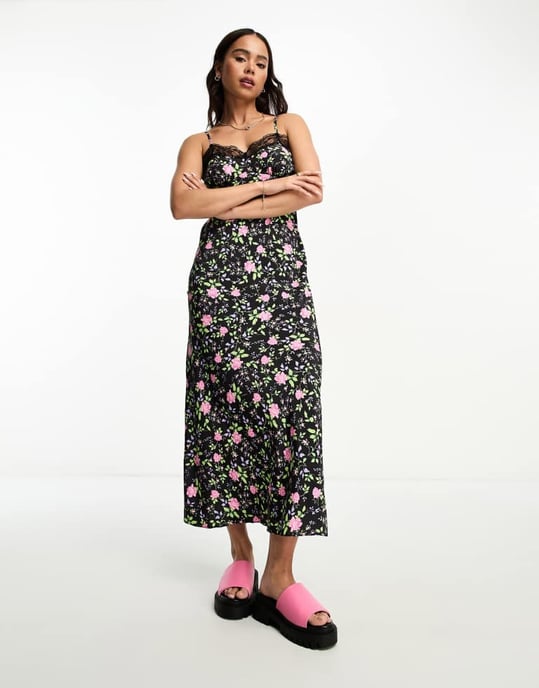 Miss Selfridge – Blommig midiklänning med spetskant - Image 4