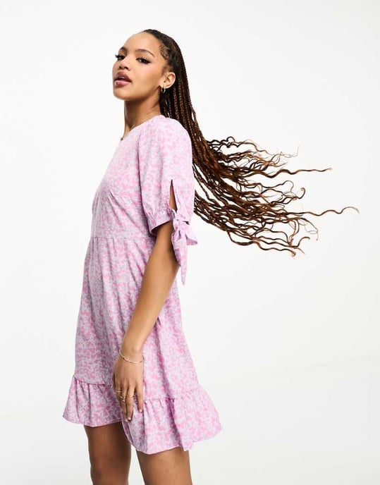 Vero Moda tie sleeve animal print mini dress in pink and lilac - Image 1
