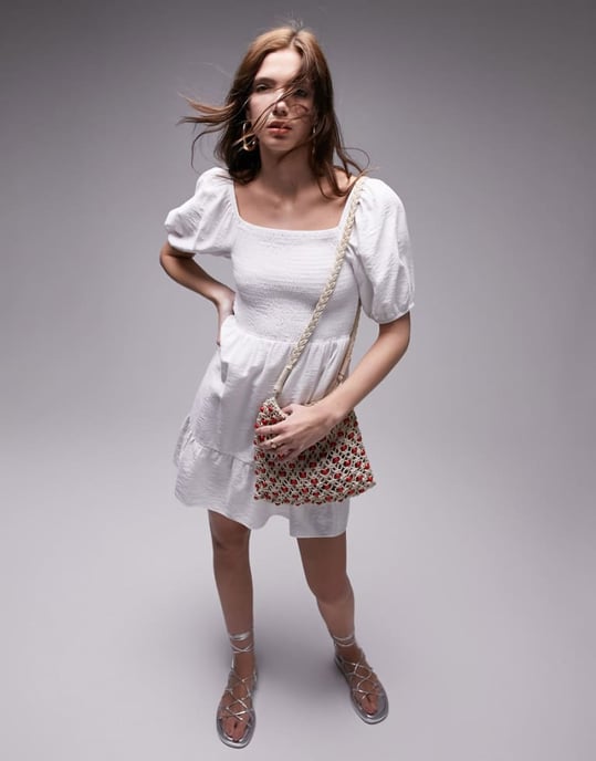 Topshop veckad texturerad miniklänning i elfenben - Image 1