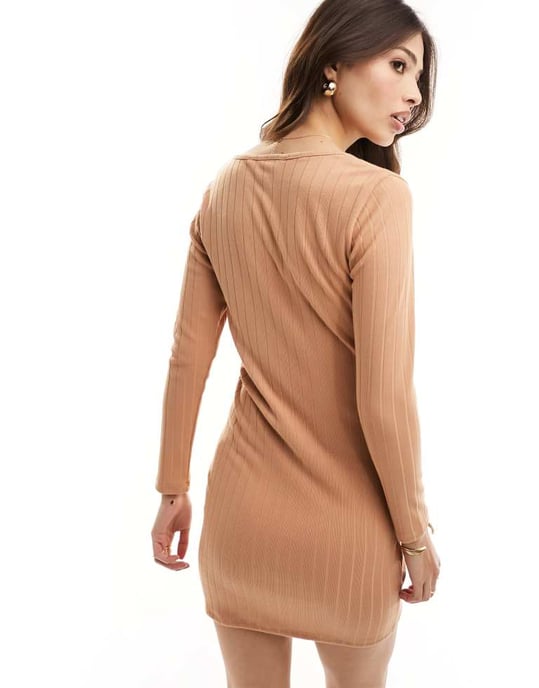 Vero Moda – Ljusbrun, ribbad miniklänning i jersey med fyrkantig halsringning - Image 3