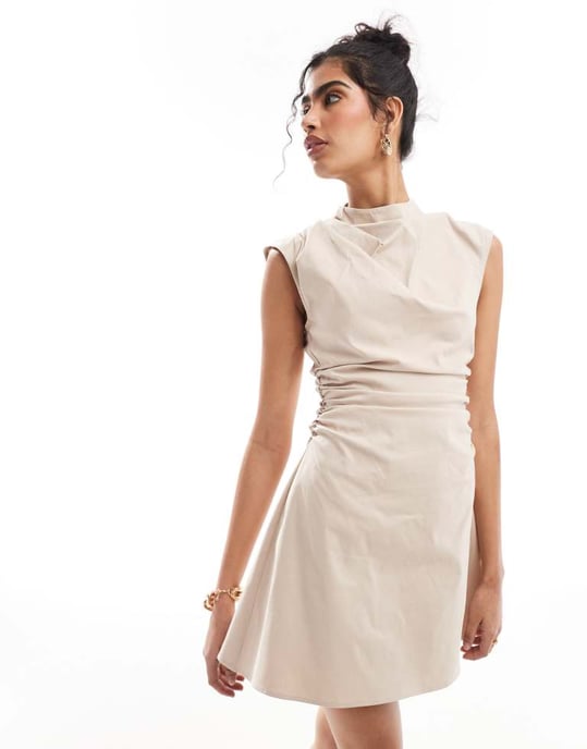 ASOS DESIGN bengaline high neck sleeveless mini dress with ruching detail in stone - Image 3