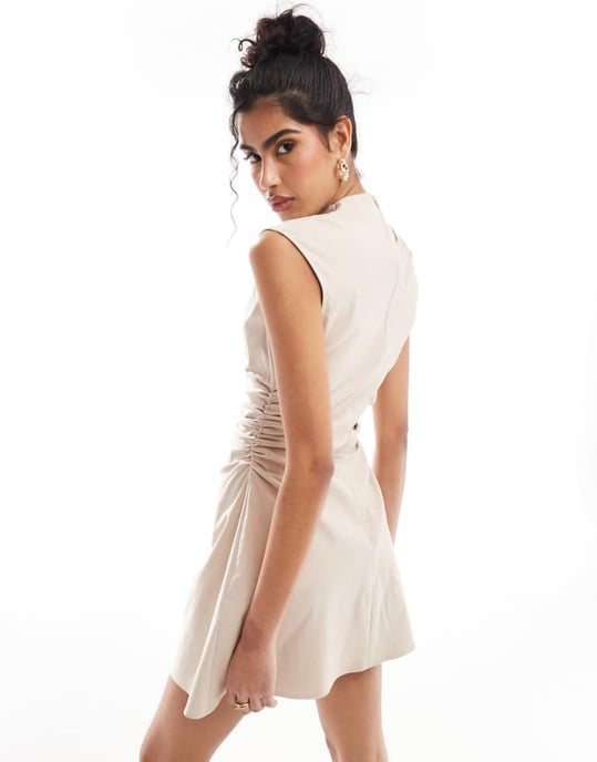 ASOS DESIGN bengaline high neck sleeveless mini dress with ruching detail in stone - Image 4