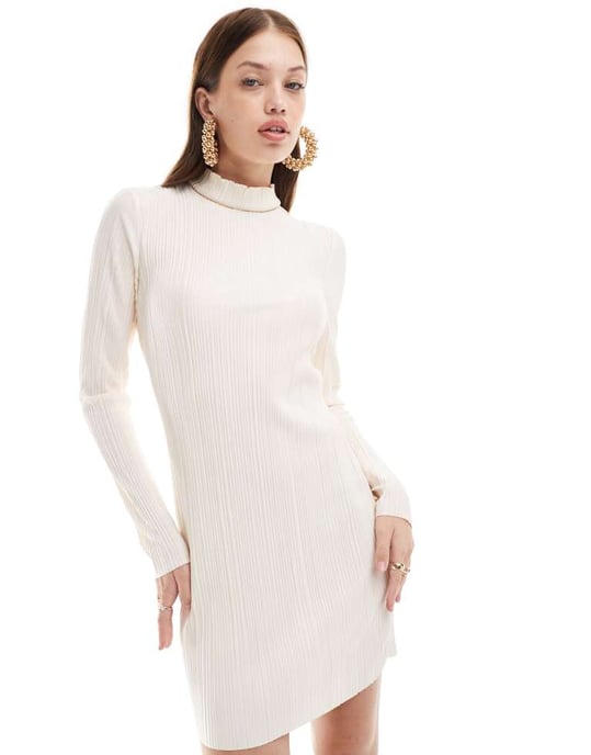 Vero Moda – Ecrufärgad plisserad miniklänning med hög halsringning - Image 2
