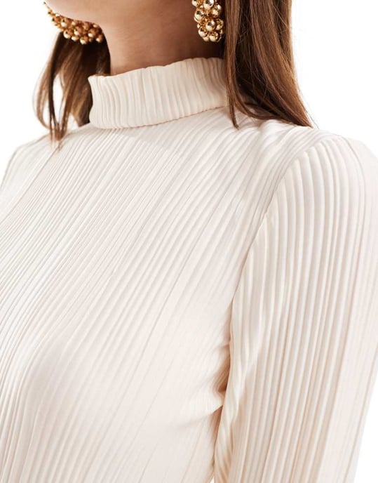 Vero Moda – Ecrufärgad plisserad miniklänning med hög halsringning - Image 3