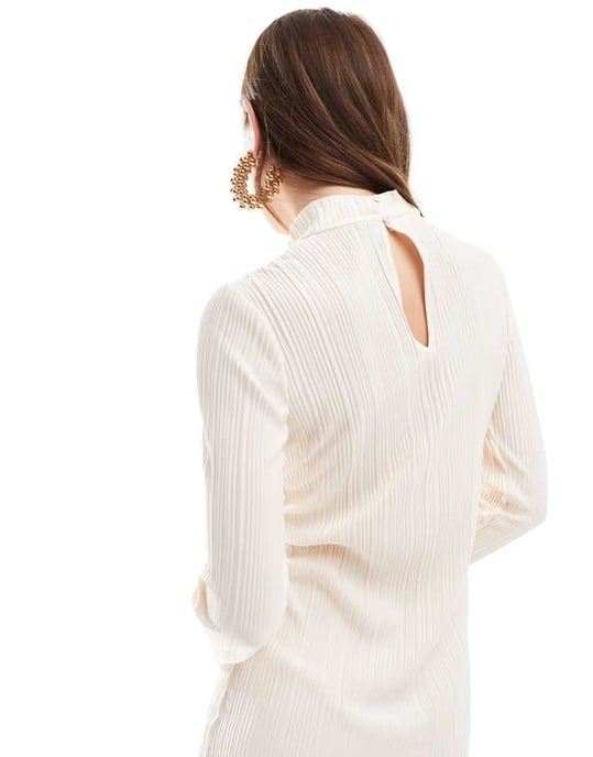Vero Moda – Ecrufärgad plisserad miniklänning med hög halsringning - Image 4