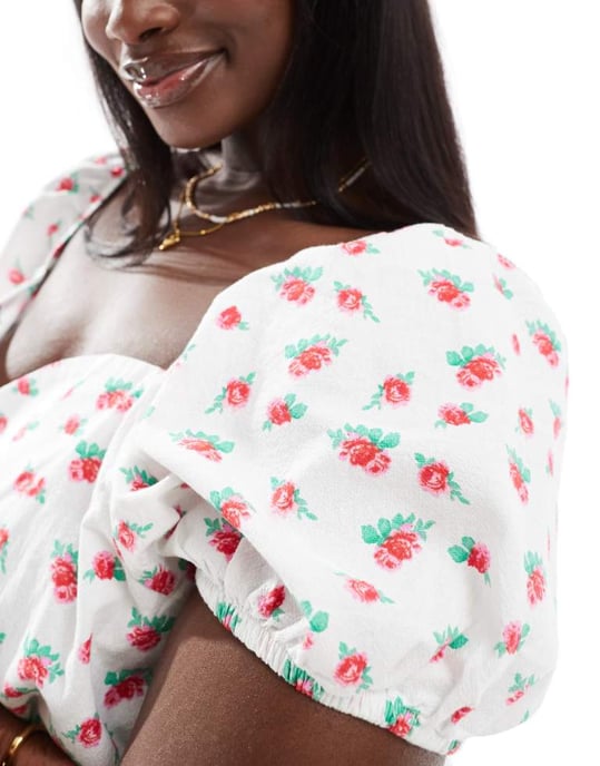Vero Moda Curve – Blommig miniklänning med hjärtformad halsringning och puffärmar - Image 2