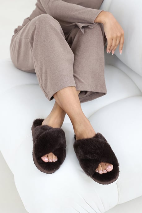 Wheres That From Womens 'Cuddle' Cross Over Fluffy Slippers - Image 3