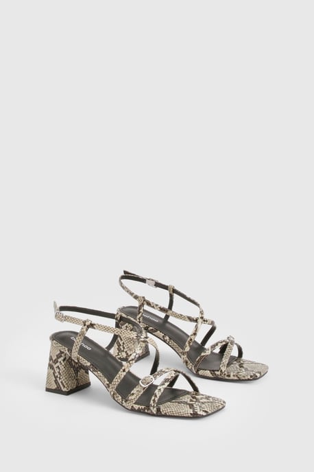 Snake Low Block Buckle Detail Strappy Heels - Image 2