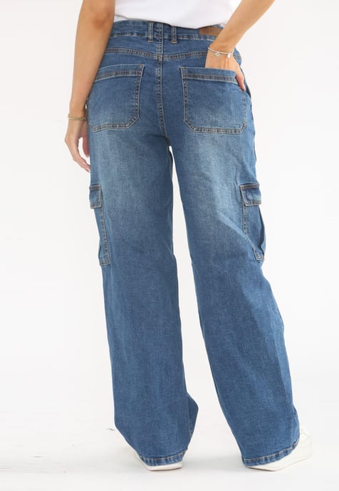 MYT Womens Wide Leg Baggy High Waisted Cargo Pocket Jeans in Blue - Image 2
