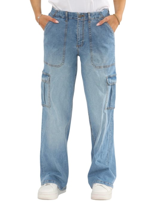 MYT Womens Wide Leg Baggy High Waisted Cargo Pocket Jeans in Light Blue - Image 1