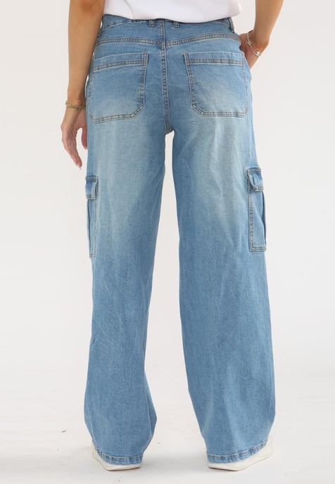 MYT Womens Wide Leg Baggy High Waisted Cargo Pocket Jeans in Light Blue - Image 2