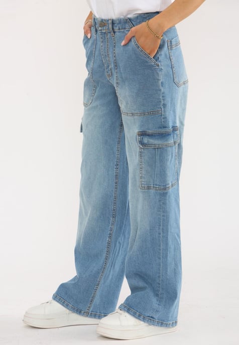 MYT Womens Wide Leg Baggy High Waisted Cargo Pocket Jeans in Light Blue - Image 3