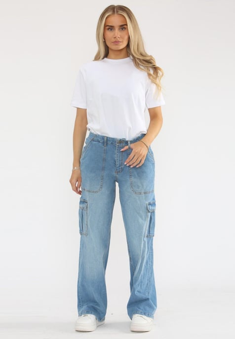 MYT Womens Wide Leg Baggy High Waisted Cargo Pocket Jeans in Light Blue - Image 6