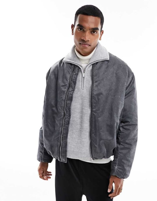 ASOS DESIGN – Svart, oversized bomberjacka med tvätt - Image 3