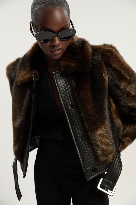 Faux Fur PU Panelled Belted Cropped Jacket - Image 1
