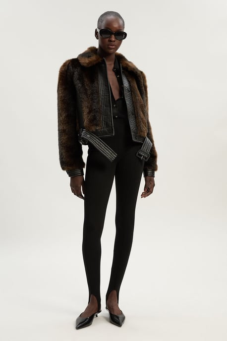 Faux Fur PU Panelled Belted Cropped Jacket - Image 2