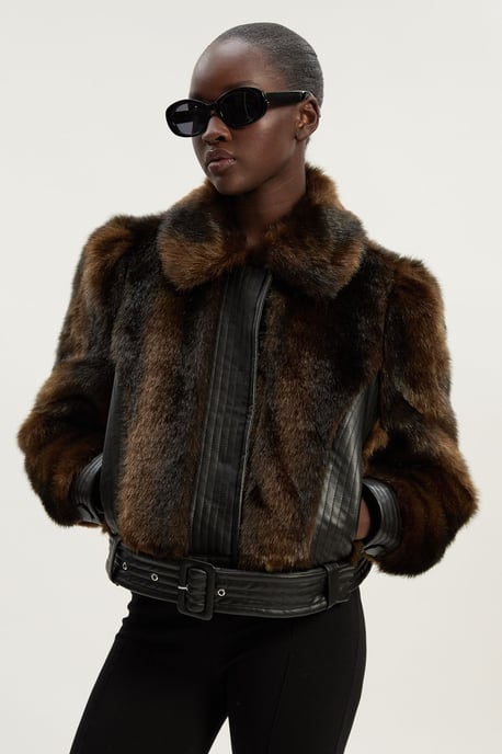 Faux Fur PU Panelled Belted Cropped Jacket - Image 3