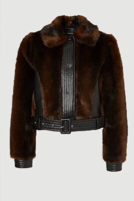 Faux Fur PU Panelled Belted Cropped Jacket - Image 4