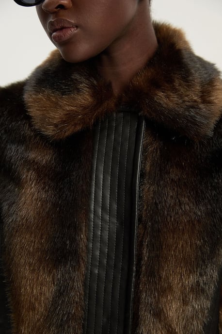 Faux Fur PU Panelled Belted Cropped Jacket - Image 5