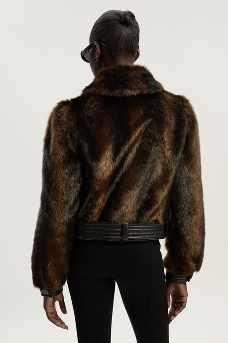 Faux Fur PU Panelled Belted Cropped Jacket - Image 6