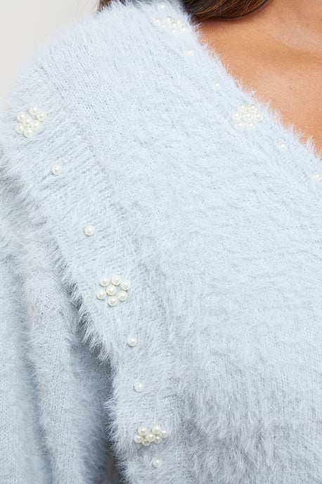 Eyelash Knitted Pearl Embellished V Neck Jumper - Image 5