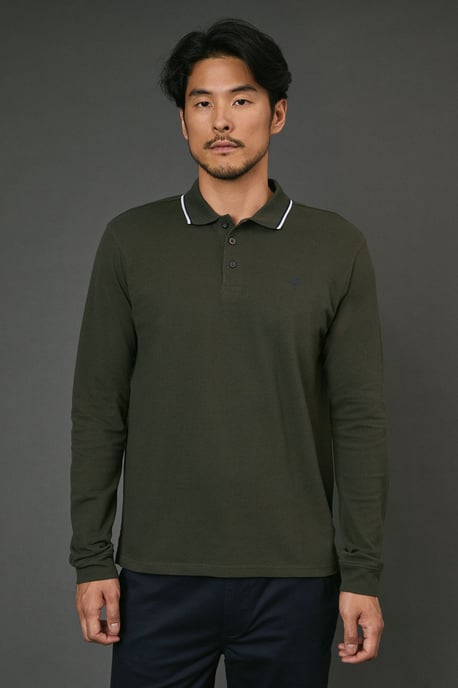 Dark Khaki Long Sleeve Pique Polo Shirt - Image 1