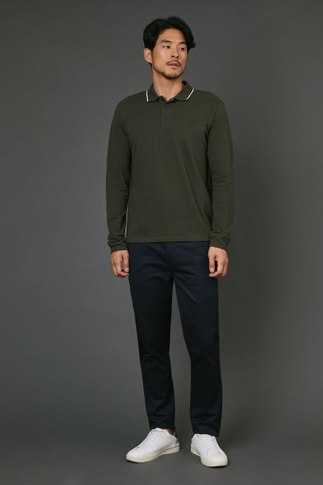 Dark Khaki Long Sleeve Pique Polo Shirt - Image 2
