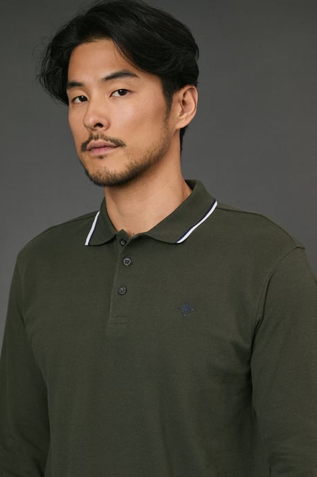 Dark Khaki Long Sleeve Pique Polo Shirt - Image 3