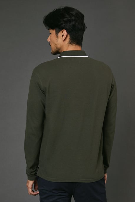 Dark Khaki Long Sleeve Pique Polo Shirt - Image 4