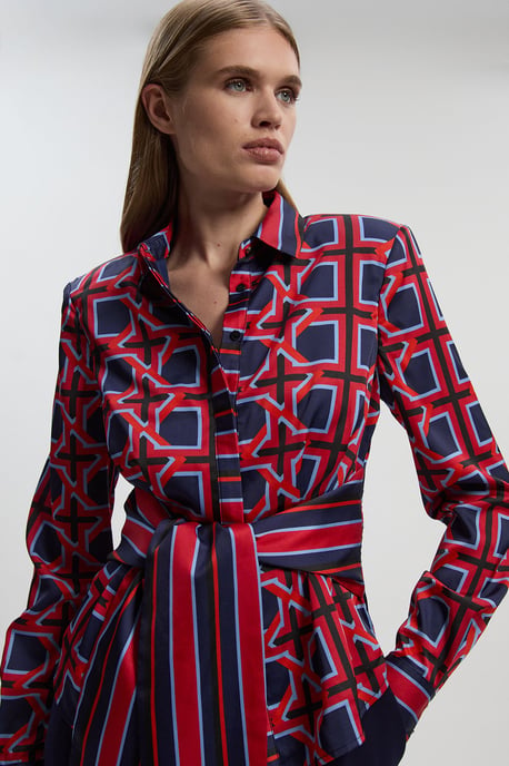 Geo Print Hammered Satin Tie Waist Woven Shirt - Image 1