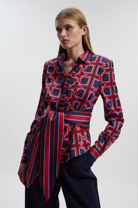 Geo Print Hammered Satin Tie Waist Woven Shirt - Image 2